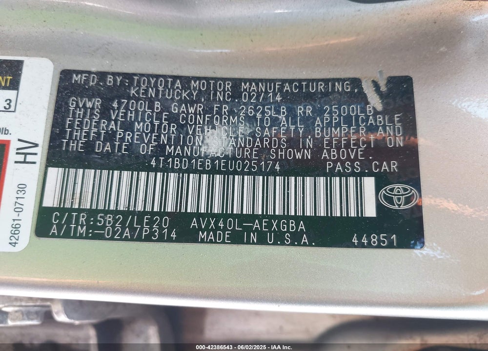 2014 TOYOTA AVALON HYBRID XLE TOURING VIN: 4T1BD1EB1EU025174