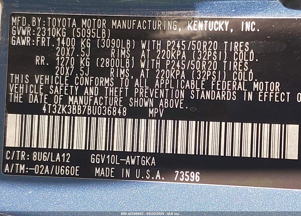 2011 TOYOTA VENZA VIN: 4T3ZK3BB7BU036848