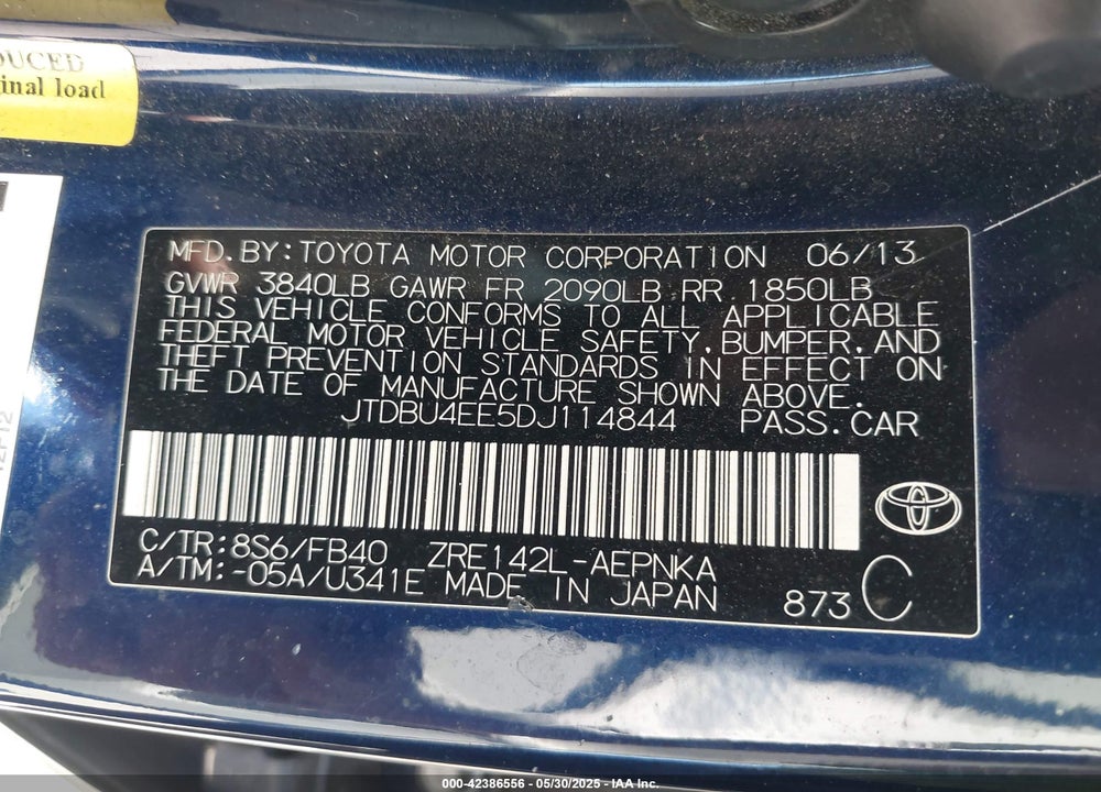 2013 TOYOTA COROLLA VIN: JTDBU4EE5DJ114844