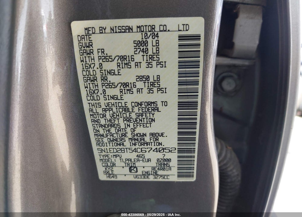 2004 NISSAN XTERRA XE VIN: 5N1ED28T54C674052