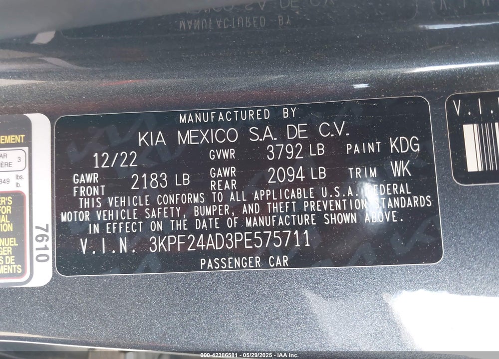 2023 KIA FORTE LXS VIN: 3KPF24AD3PE575711