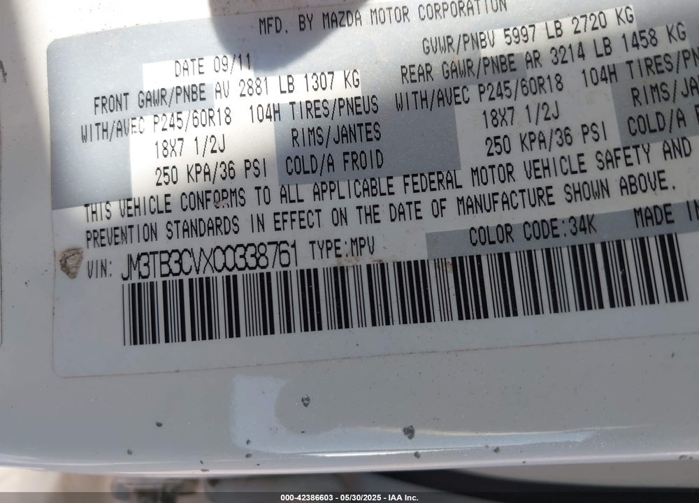 2012 MAZDA CX-9 TOURING VIN: JM3TB3CVXC0338761