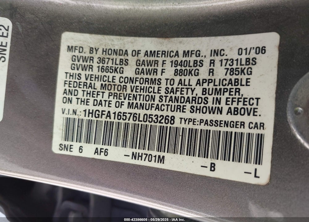 2006 HONDA CIVIC VIN: 1HGFA16576L053268