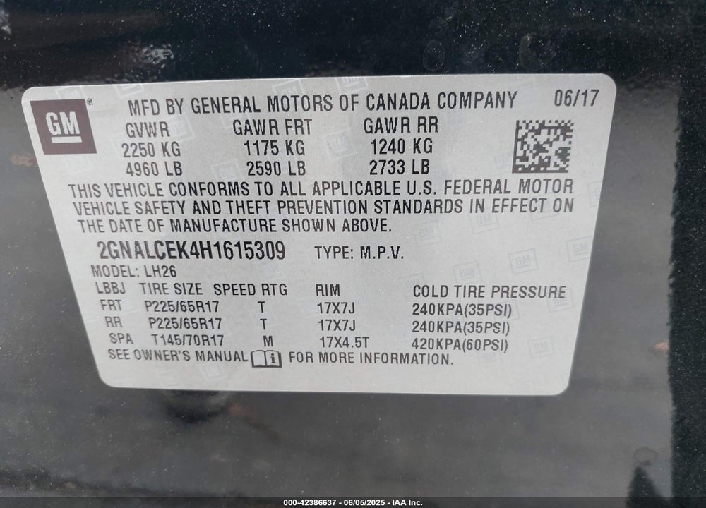 2017 CHEVROLET EQUINOX LT VIN: 2GNALCEK4H1615309
