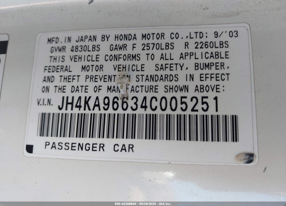 2004 ACURA RL 3.5 VIN: JH4KA96634C005251