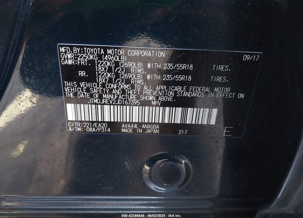 2018 TOYOTA RAV4 HYBRID LIMITED VIN: JTMDJREV2JD167395