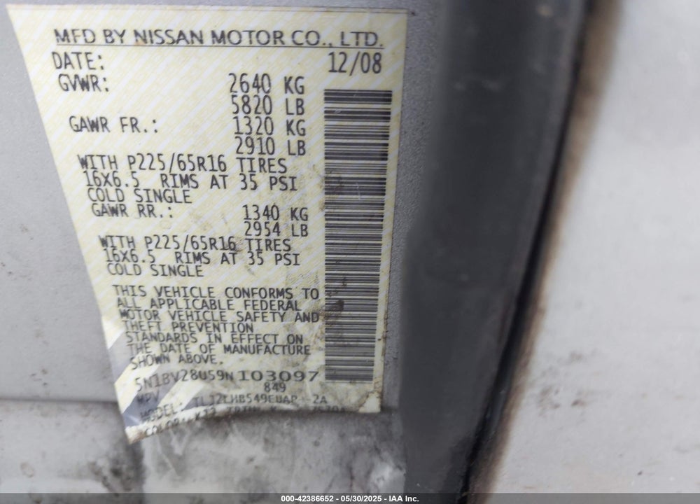 2009 NISSAN QUEST 3.5 S VIN: 5N1BV28U59N103097