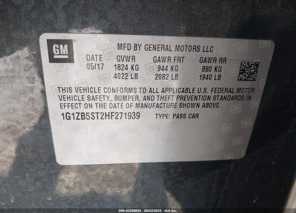 2017 CHEVROLET MALIBU VIN: 1G1ZB5ST2HF271939