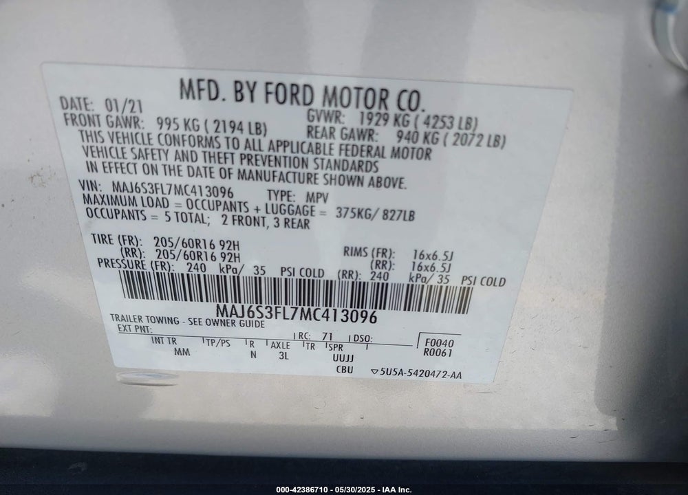 2021 FORD ECOSPORT VIN: MAJ6S3FL7MC413096