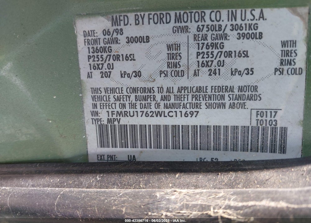 1998 FORD EXPEDITION EDDIE BAUER/XLT VIN: 1FMRU1762WLC11697