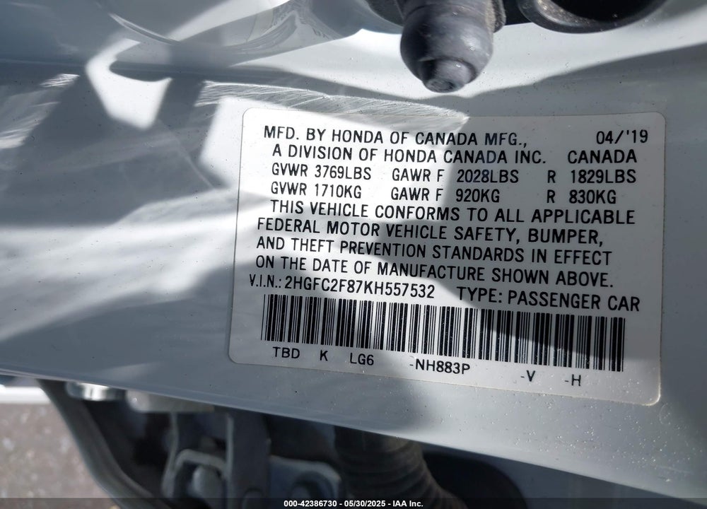 2019 HONDA CIVIC SPORT VIN: 2HGFC2F87KH557532