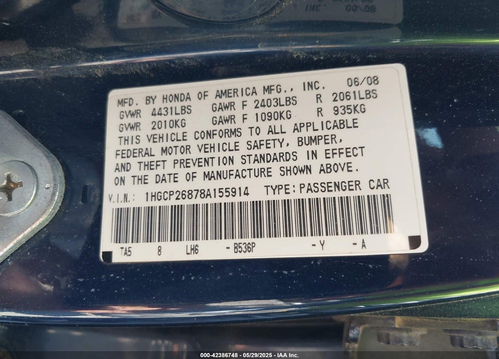 2008 HONDA ACCORD VIN: 1HGCP26878A155914