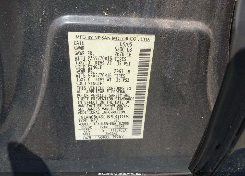 2005 NISSAN XTERRA VIN: 5N1AN08U05C653008