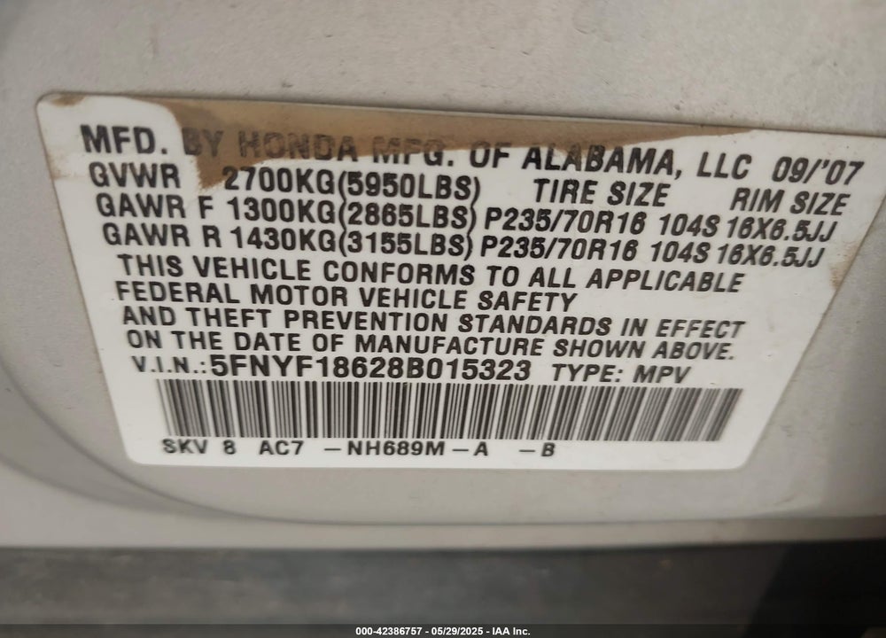 2008 HONDA PILOT EX-L VIN: 5FNYF18628B015323