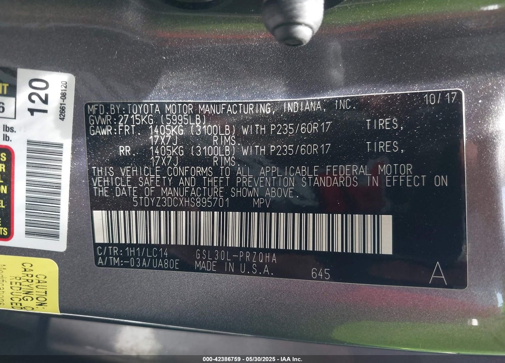 2017 TOYOTA SIENNA XLE 8 PASSENGER VIN: 5TDYZ3DCXHS895701