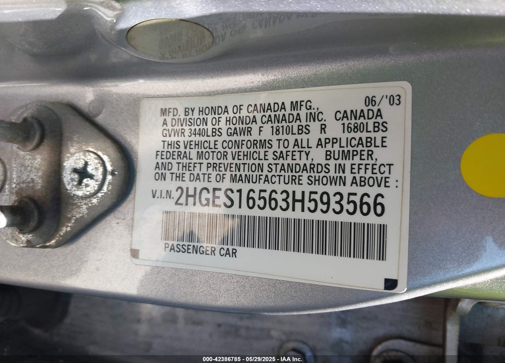 2003 HONDA CIVIC LX VIN: 2HGES16563H593566