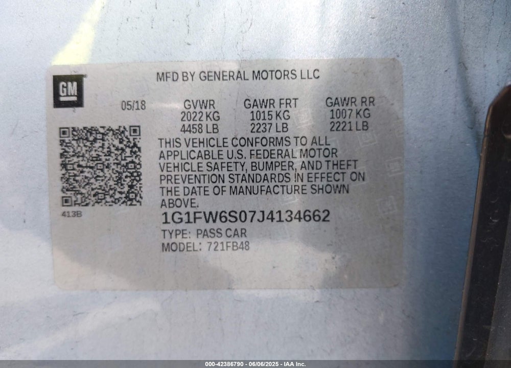2018 CHEVROLET BOLT EV VIN: 1G1FW6S07J4134662