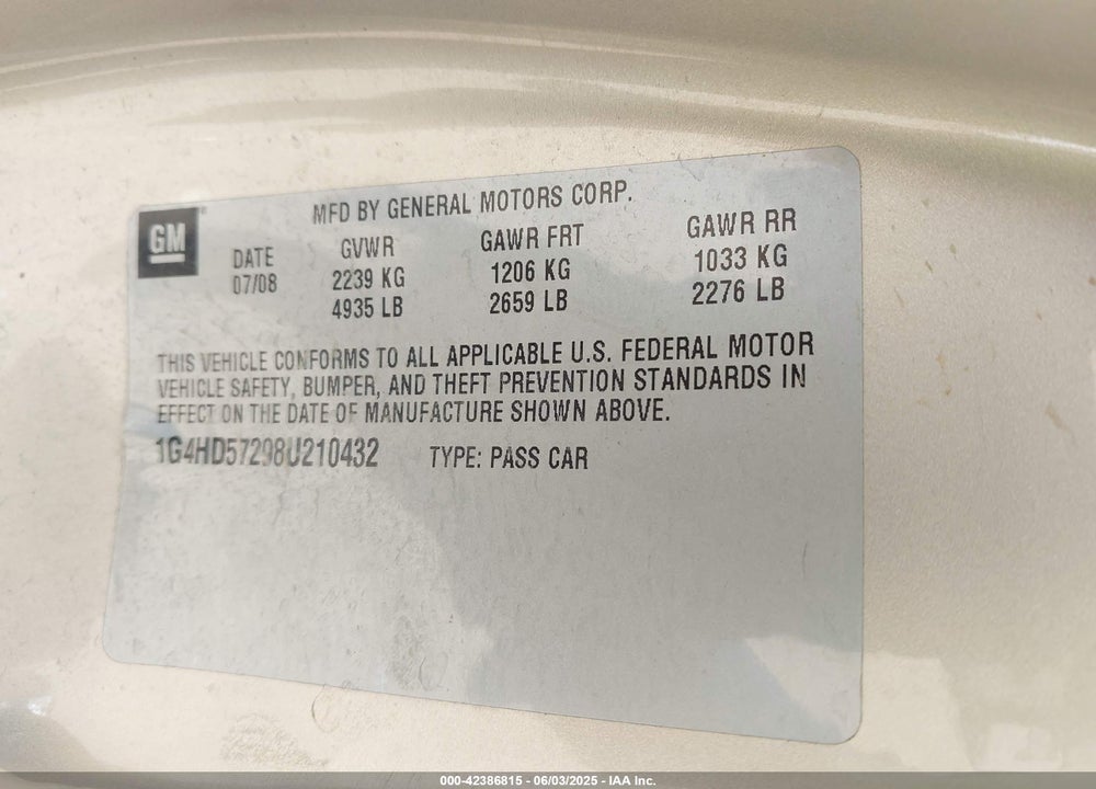 2008 BUICK LUCERNE VIN: 1G4HD57298U210432