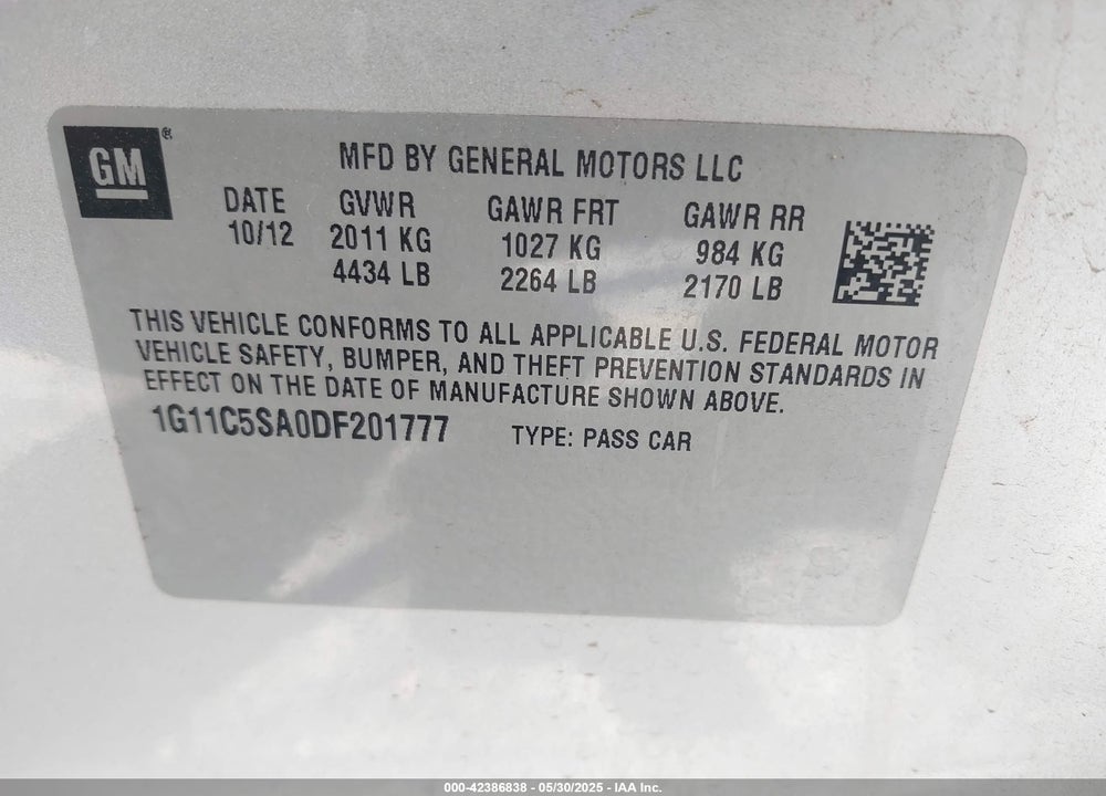 2013 CHEVROLET MALIBU 1LT VIN: 1G11C5SA0DF201777