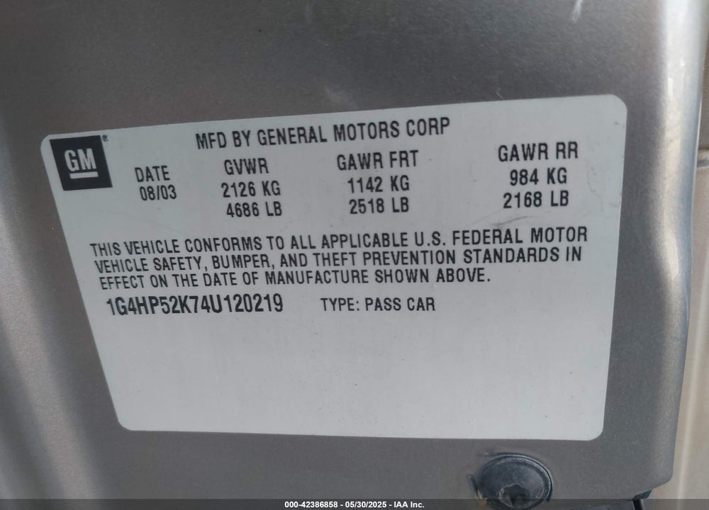 2004 BUICK LESABRE CUSTOM VIN: 1G4HP52K74U120219