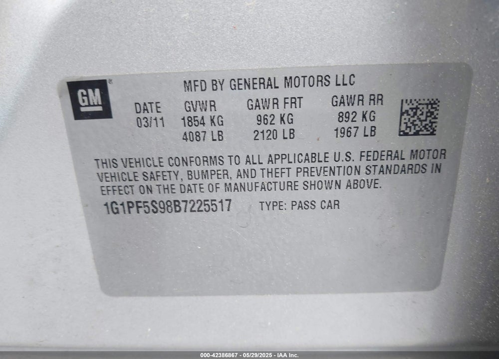 2011 CHEVROLET CRUZE VIN: 1G1PF5S98B7225517