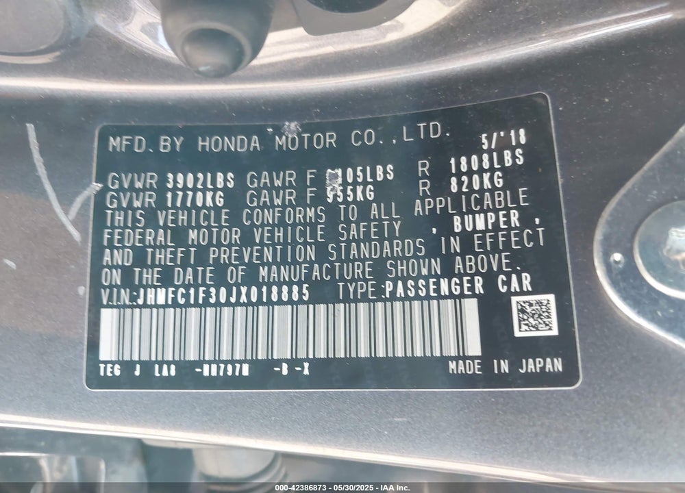2018 HONDA CIVIC VIN: JHMFC1F30JX018885