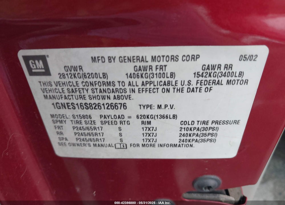 2002 CHEVROLET TRAILBLAZER EXT LT VIN: 1GNES16S826126676