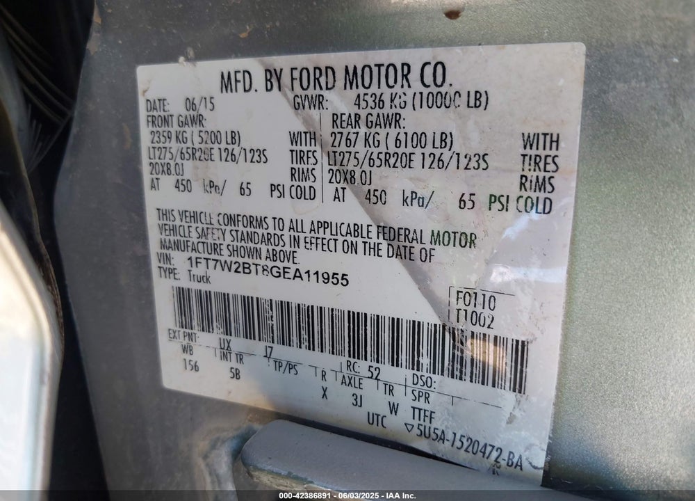 2016 FORD F-250 VIN: 1FT7W2BT8GEA11955