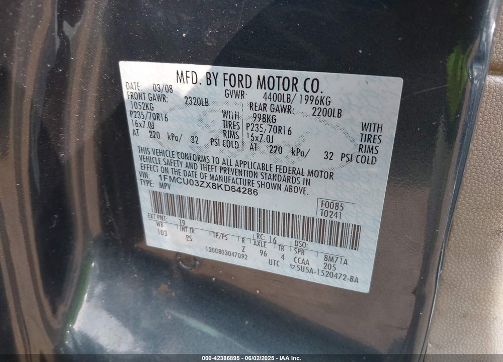 2008 FORD ESCAPE XLT VIN: 1FMCU03ZX8KD64286