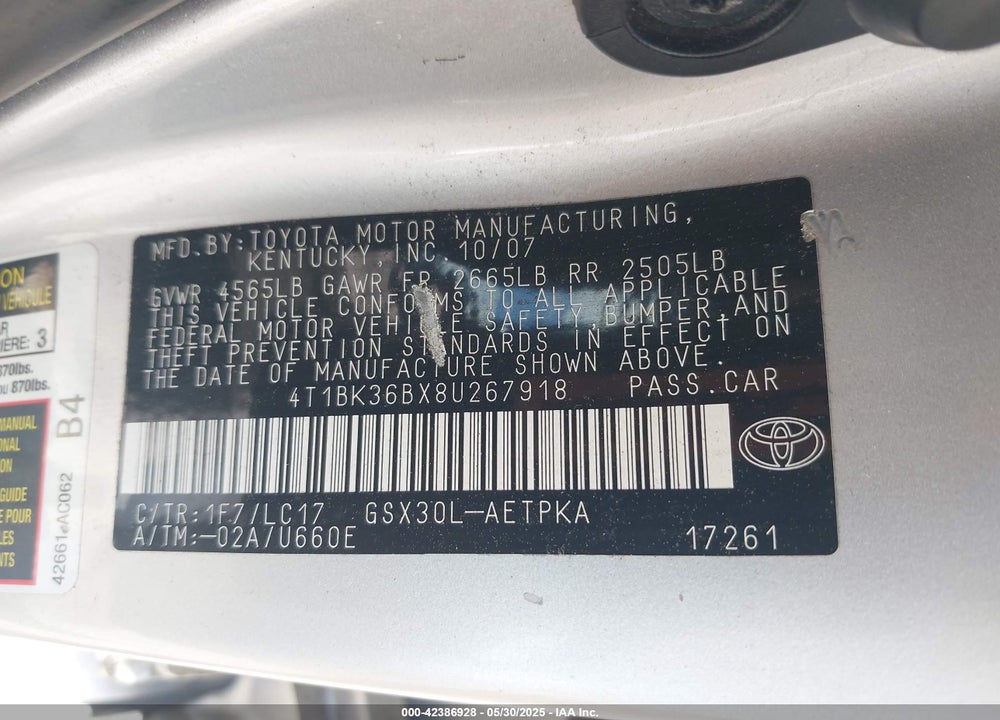 2008 TOYOTA AVALON LIMITED VIN: 4T1BK36BX8U267918