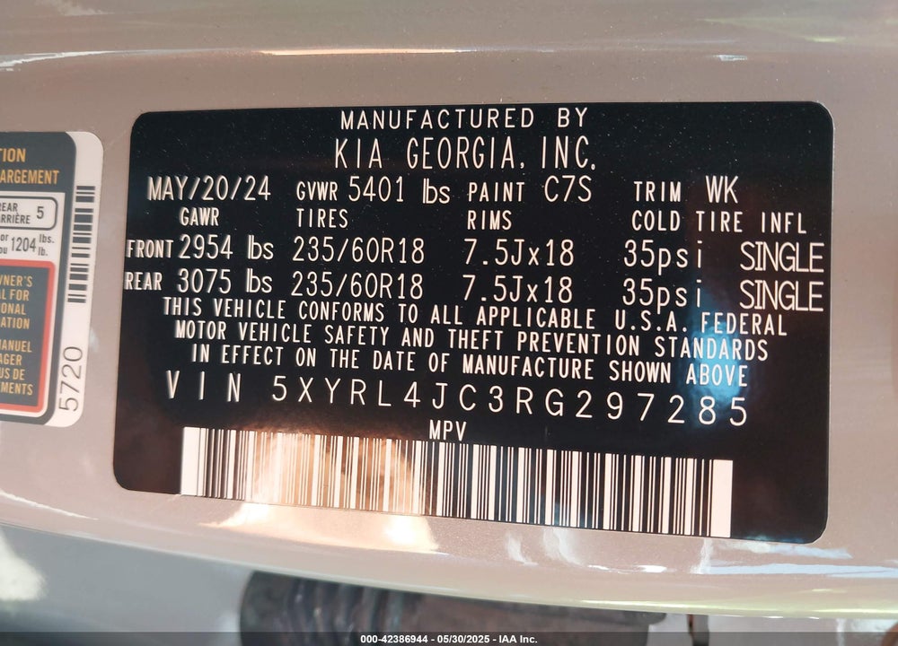 2024 KIA SORENTO VIN: 5XYRL4JC3RG297285