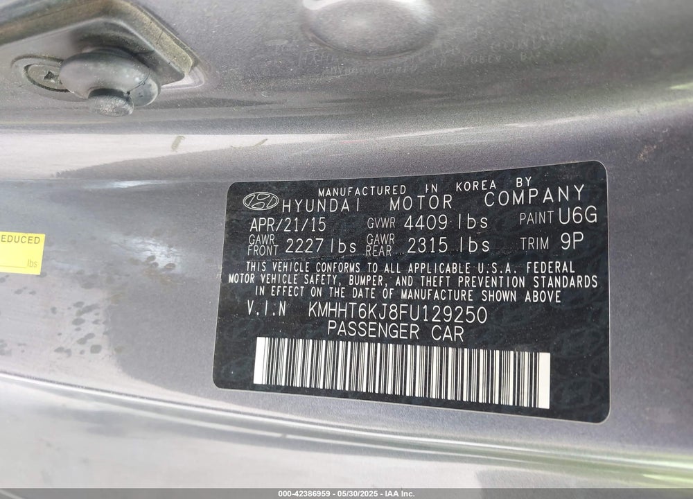 2015 HYUNDAI GENESIS VIN: KMHHT6KJ8FU129250