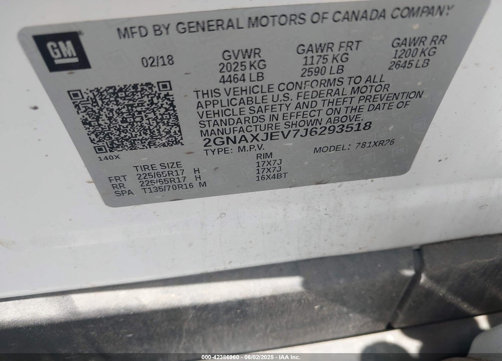 2018 CHEVROLET EQUINOX LT VIN: 2GNAXJEV7J6293518