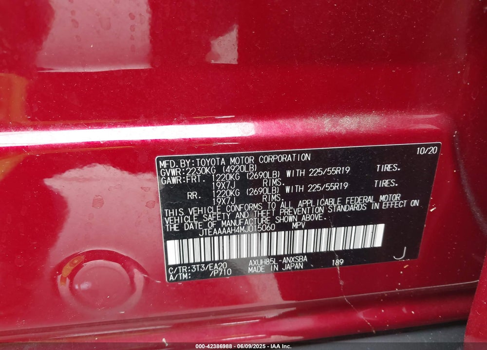 2021 TOYOTA VENZA LIMITED VIN: JTEAAAAH4MJ015060