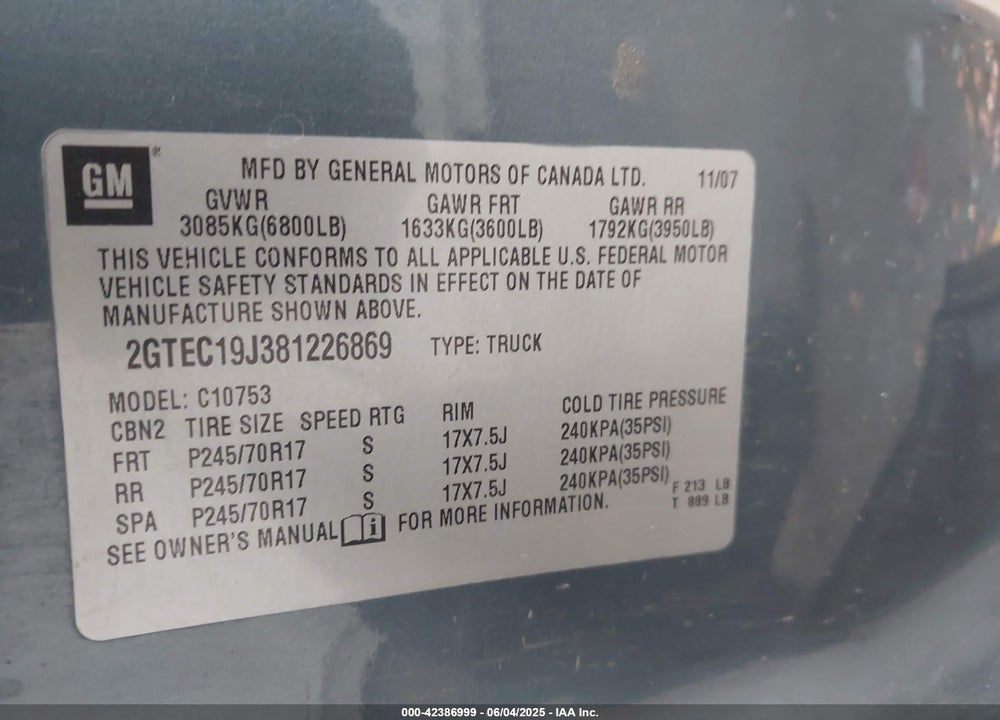 2008 GMC SIERRA 1500 SLE2 VIN: 2GTEC19J381226869