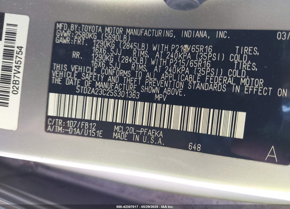 2005 TOYOTA SIENNA LE VIN: 5TDZA23C25S301363
