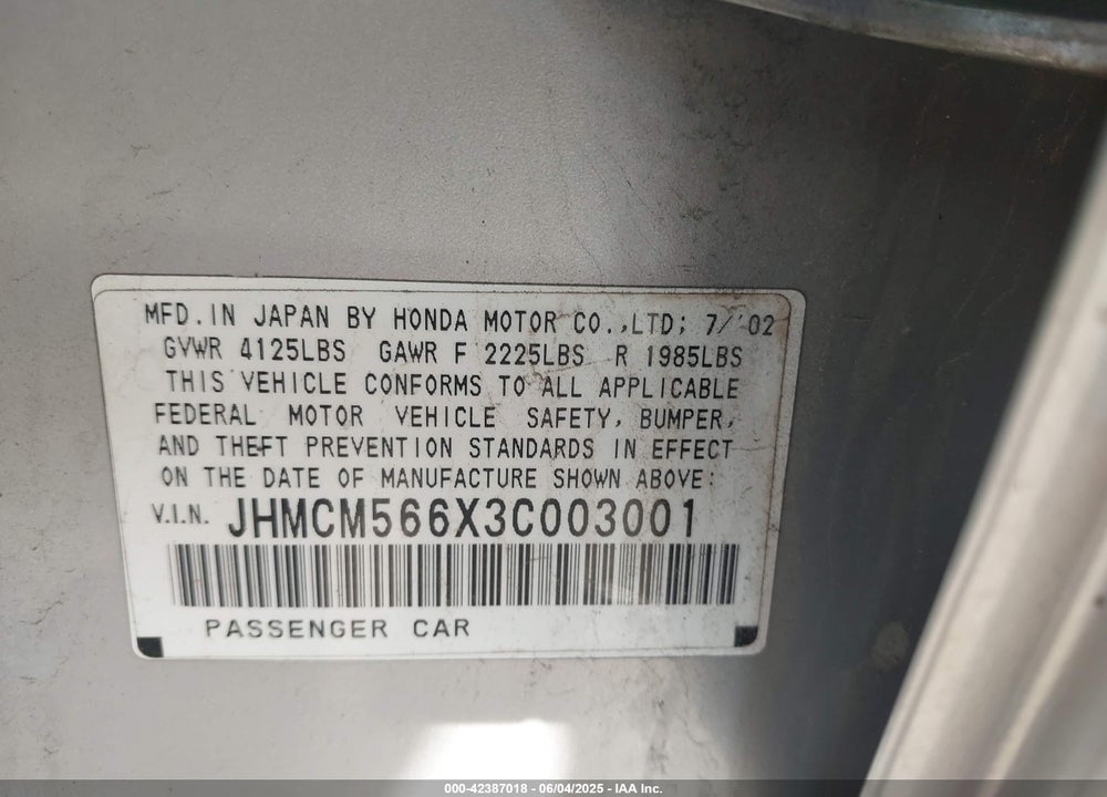 2003 HONDA ACCORD 2.4 EX VIN: JHMCM566X3C003001