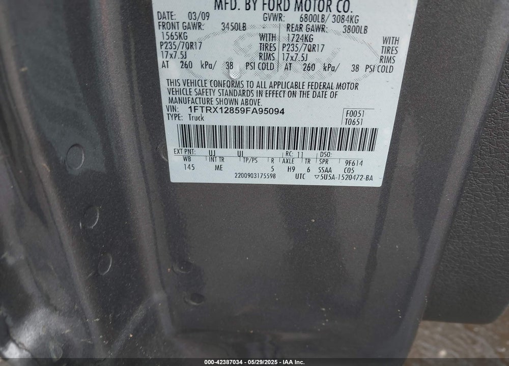 2009 FORD F-150 STX/XL/XLT VIN: 1FTRX12859FA95094