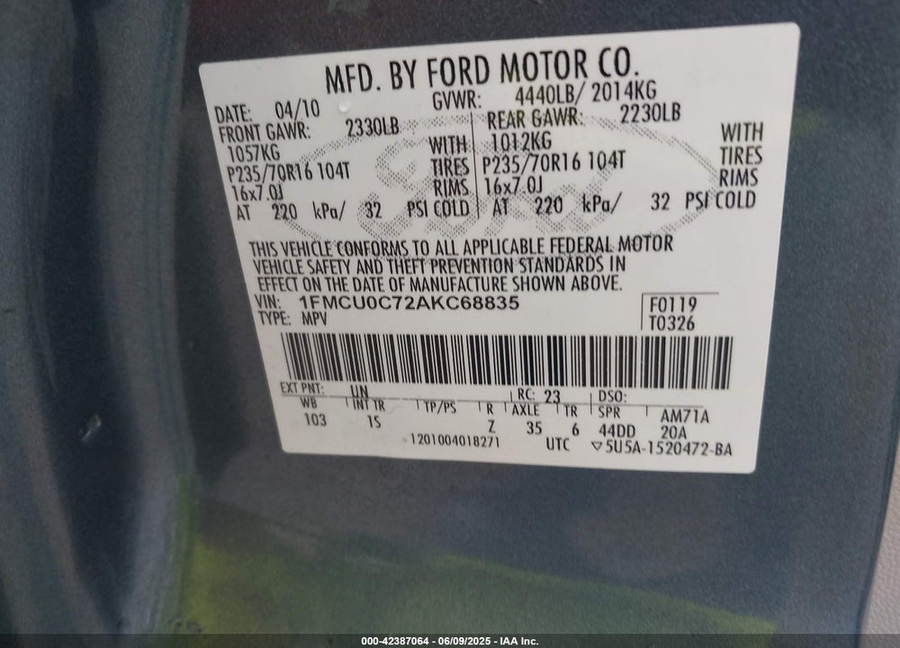 2010 FORD ESCAPE VIN: 1FMCU0C72AKC68835