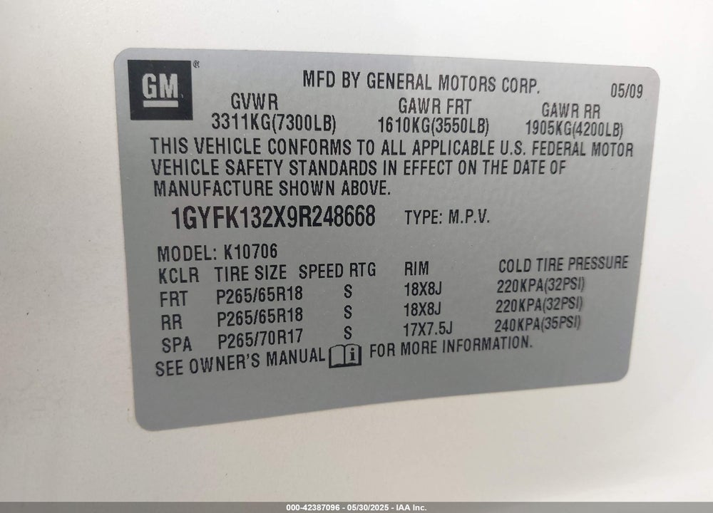 2009 CADILLAC ESCALADE STANDARD VIN: 1GYFK132X9R248668