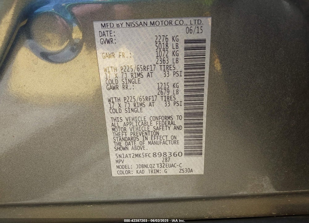 2015 NISSAN ROGUE VIN: 5N1AT2MK5FC898360