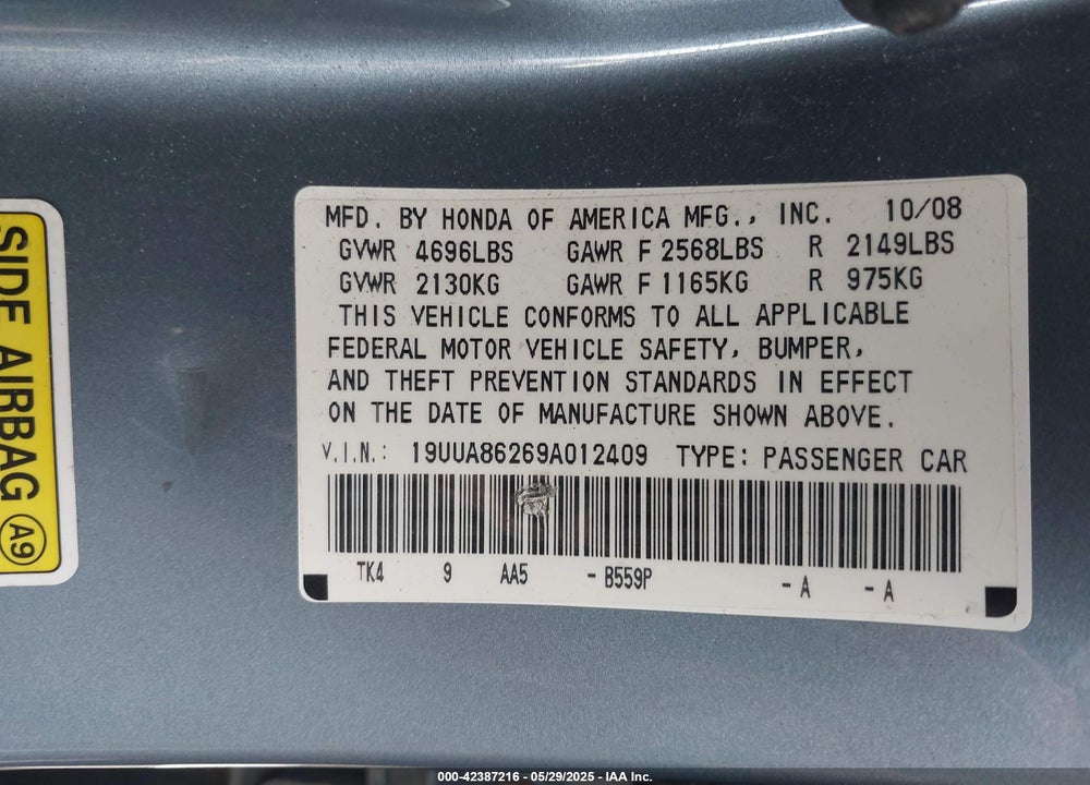 2009 ACURA TL 3.5 (A5) VIN: 19UUA86269A012409