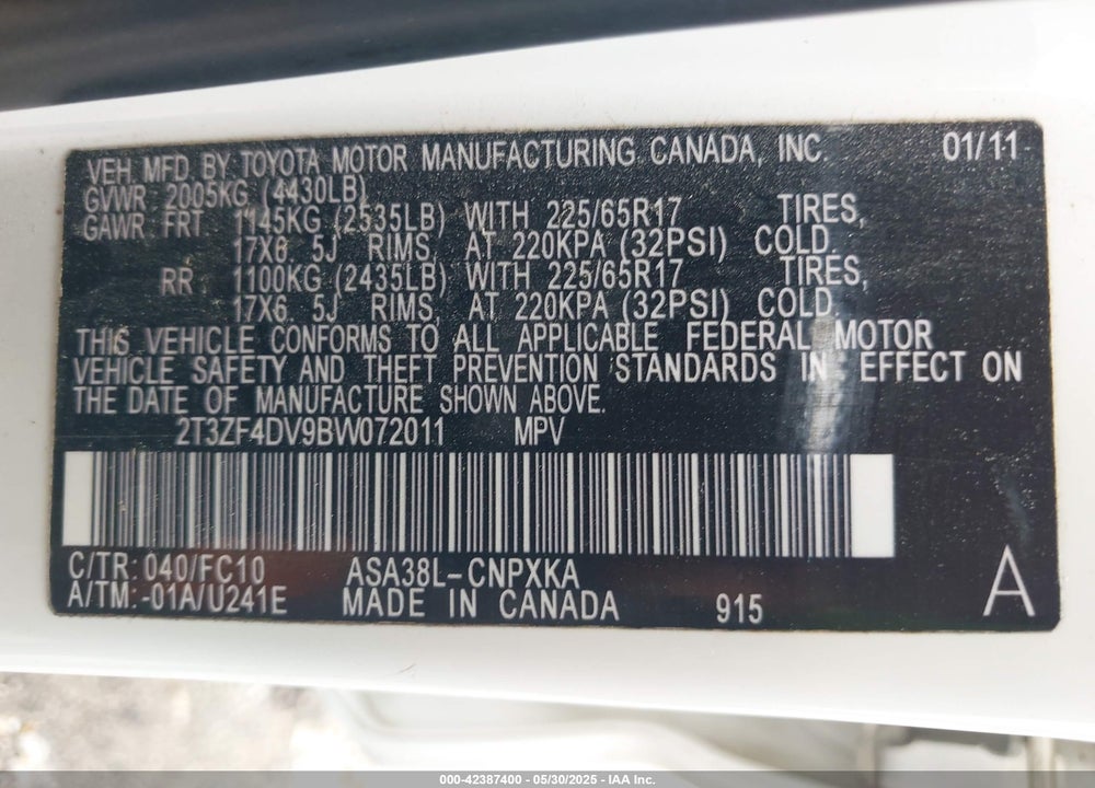 2011 TOYOTA RAV4 VIN: 2T3ZF4DV9BW072011