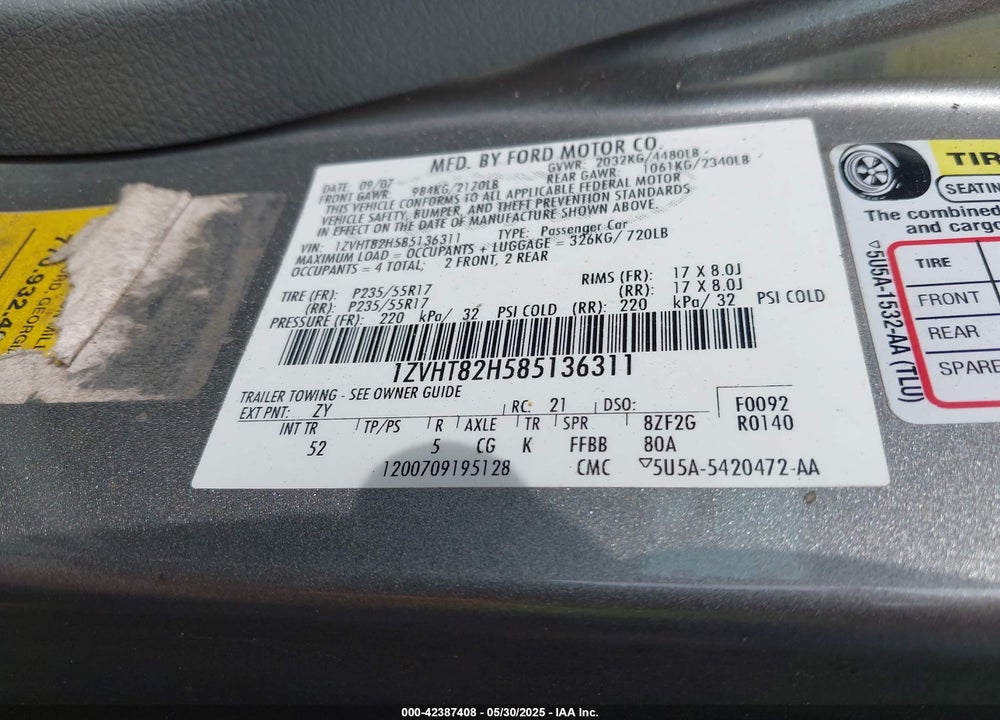 2008 FORD MUSTANG GT DELUXE/GT PREMIUM VIN: 1ZVHT82H585136311