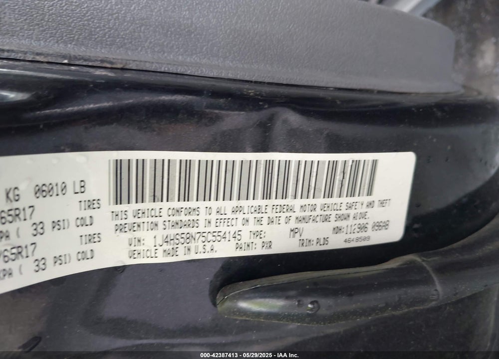 2005 JEEP GRAND CHEROKEE LIMITED VIN: 1J4HS58N75C554145