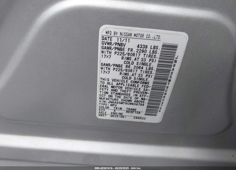 2012 NISSAN ROGUE VIN: JN8AS5MT6CW604786