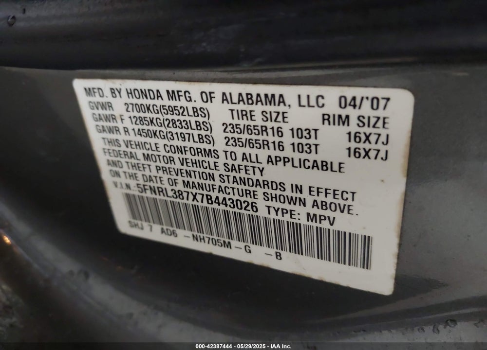 2007 HONDA ODYSSEY VIN: 5FNRL387X7B443026