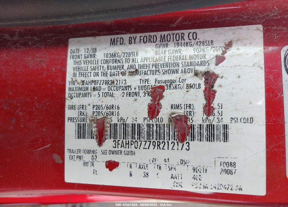 2009 FORD FUSION VIN: 3FAHP07Z79R212173