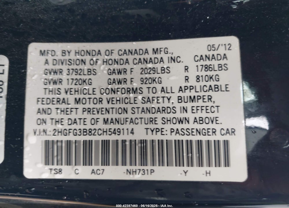 2012 HONDA CIVIC EX VIN: 2HGFG3B82CH549114