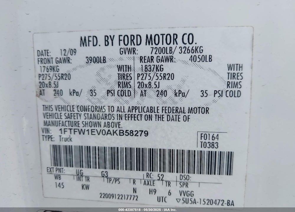 2010 HARLEY-DAVIDSON FORD F-150 FX4//KING RANCH/LARIAT/PLATINUM/XL/XLT VIN: 1FTFW1EV0AKB58279